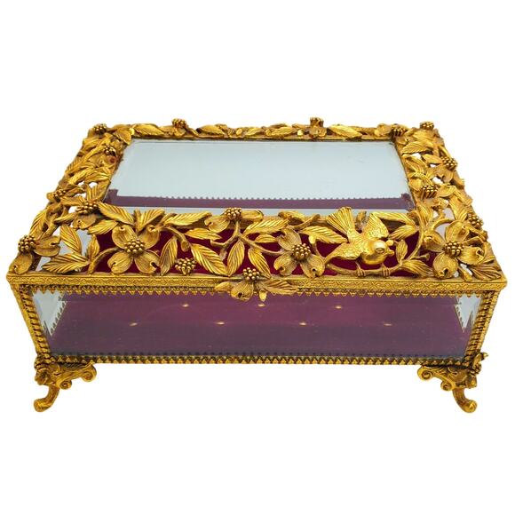 Matson Ormolu Jewelry Casket Box Dresser Vanity Case Gilt Metal Footed Burgundy - Picture 2 of 16